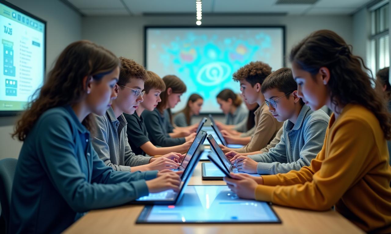 Étudiants collaborant avec des outils numériques dans une salle de classe moderne